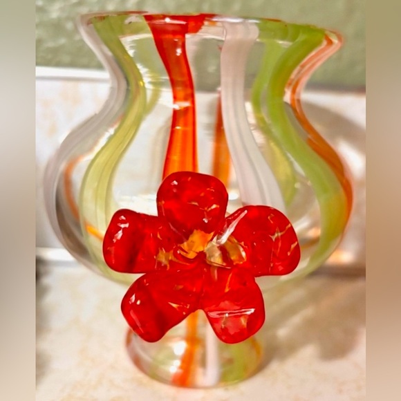 Murano Italy Vase,Applied Red Flower.Handblown By Glass...